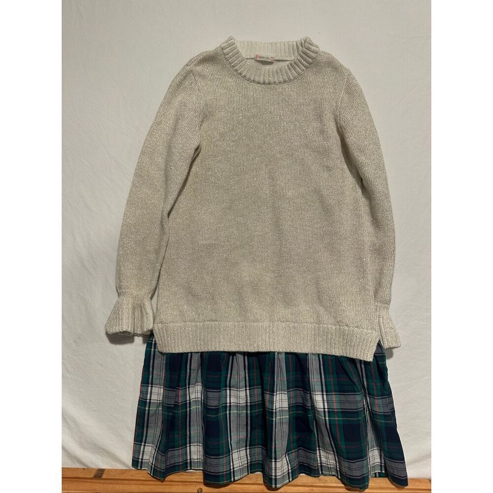 Crewcuts gold shimmery sweater dress with green plaid skirt, size 10